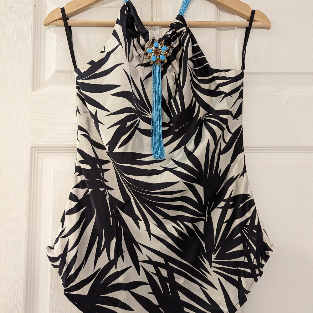 Black and White Sleeveless Asymmetrical Halter Camisole